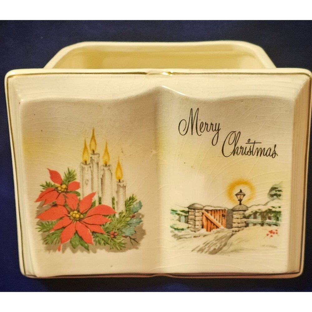 Vintage Ceramic Merry Christmas Book Planter With Poinsettia & Candle Design